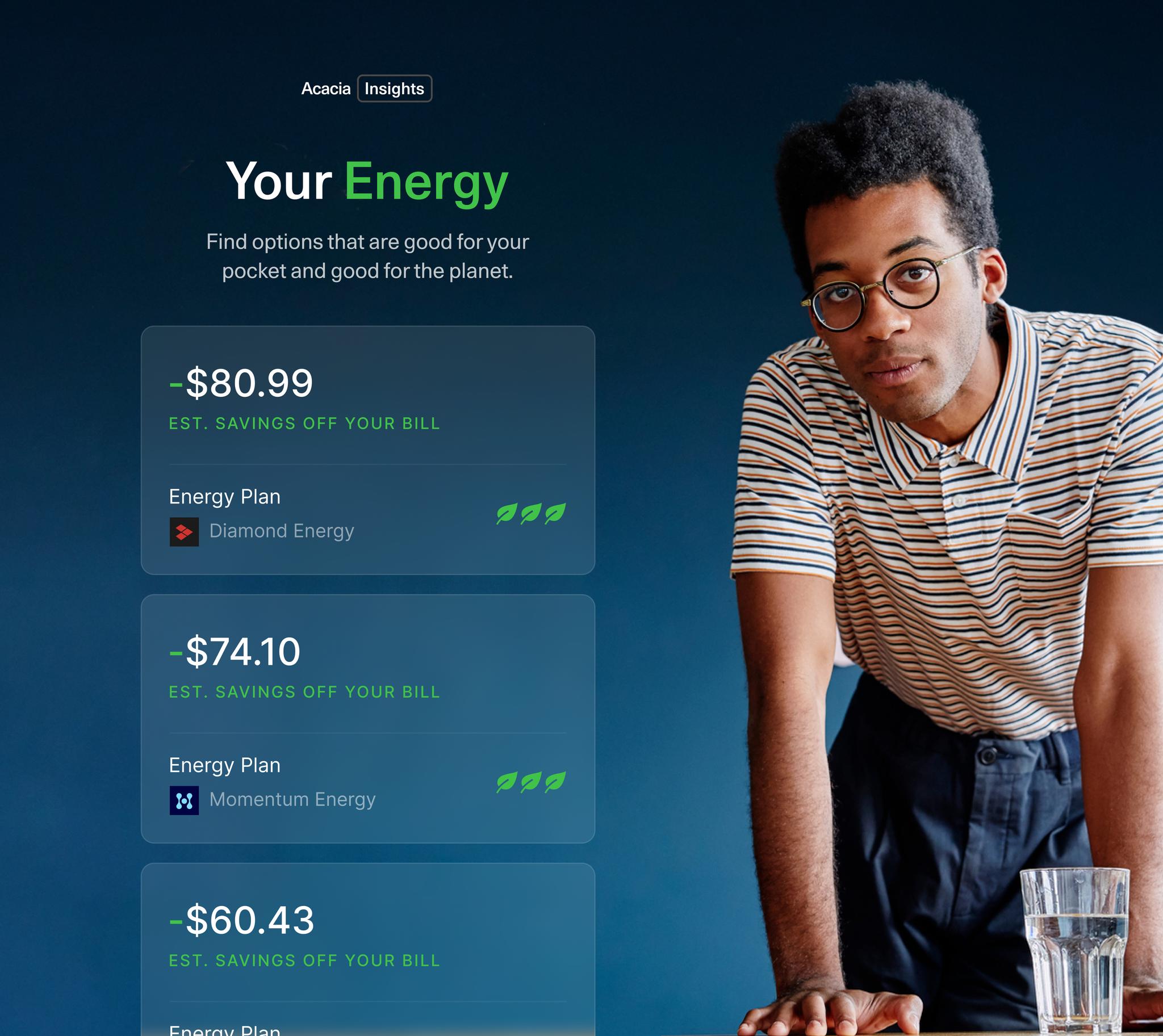 Screen comparing other energy plans in the market that may save them money and better for the environment.